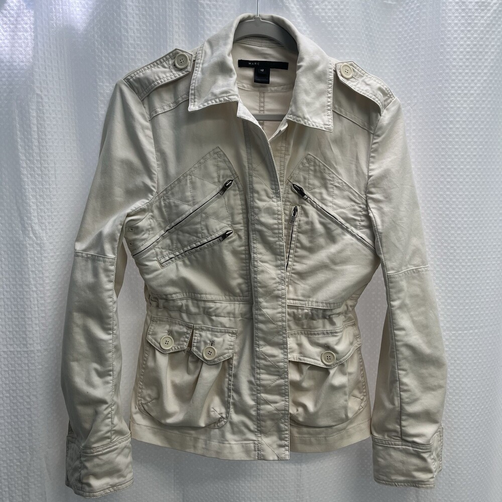 Marc Jacobs Ivory Utility Military Safari Jacket Zip Pockets 12 Tailored Waist